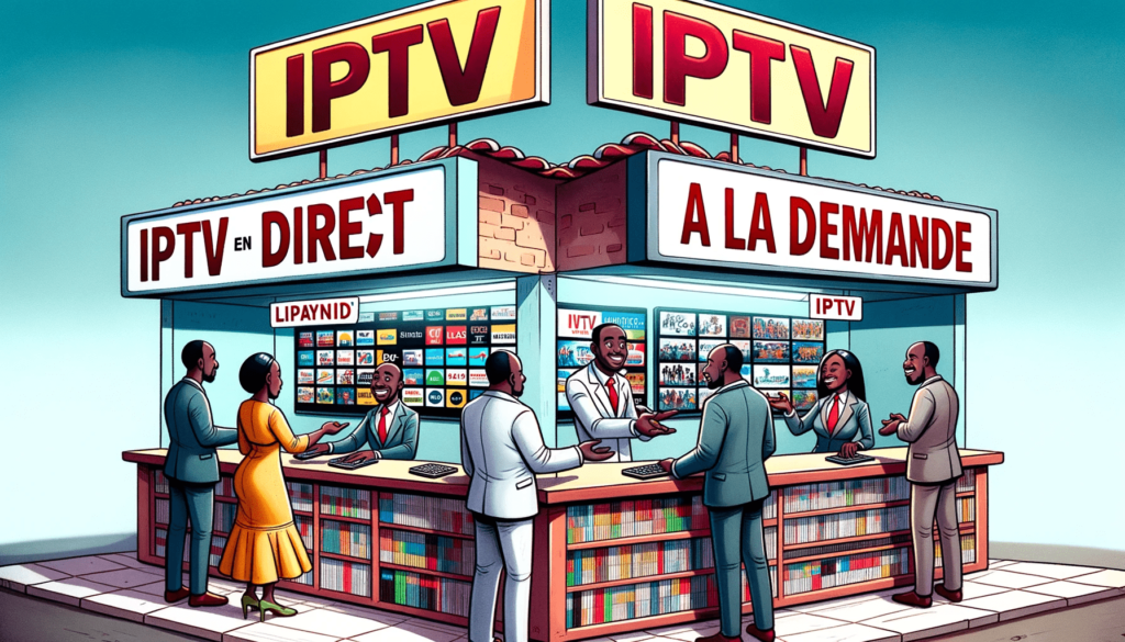 Boutique IPTV à Abidjan avec deux comptoirs distincts. Le premier comptoir, intitulé « IPTV en direct », Et le deuxième comptoir, intitulé « IPTV à la demande »