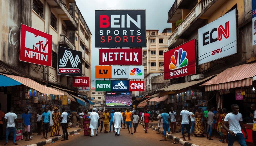 Une rue animée d'Abidjan avec des panneaux publicitaires affichant les logos des 
chaînes IPTV populaires telles que BeIN Sports, Netflix, CNN et MTV.