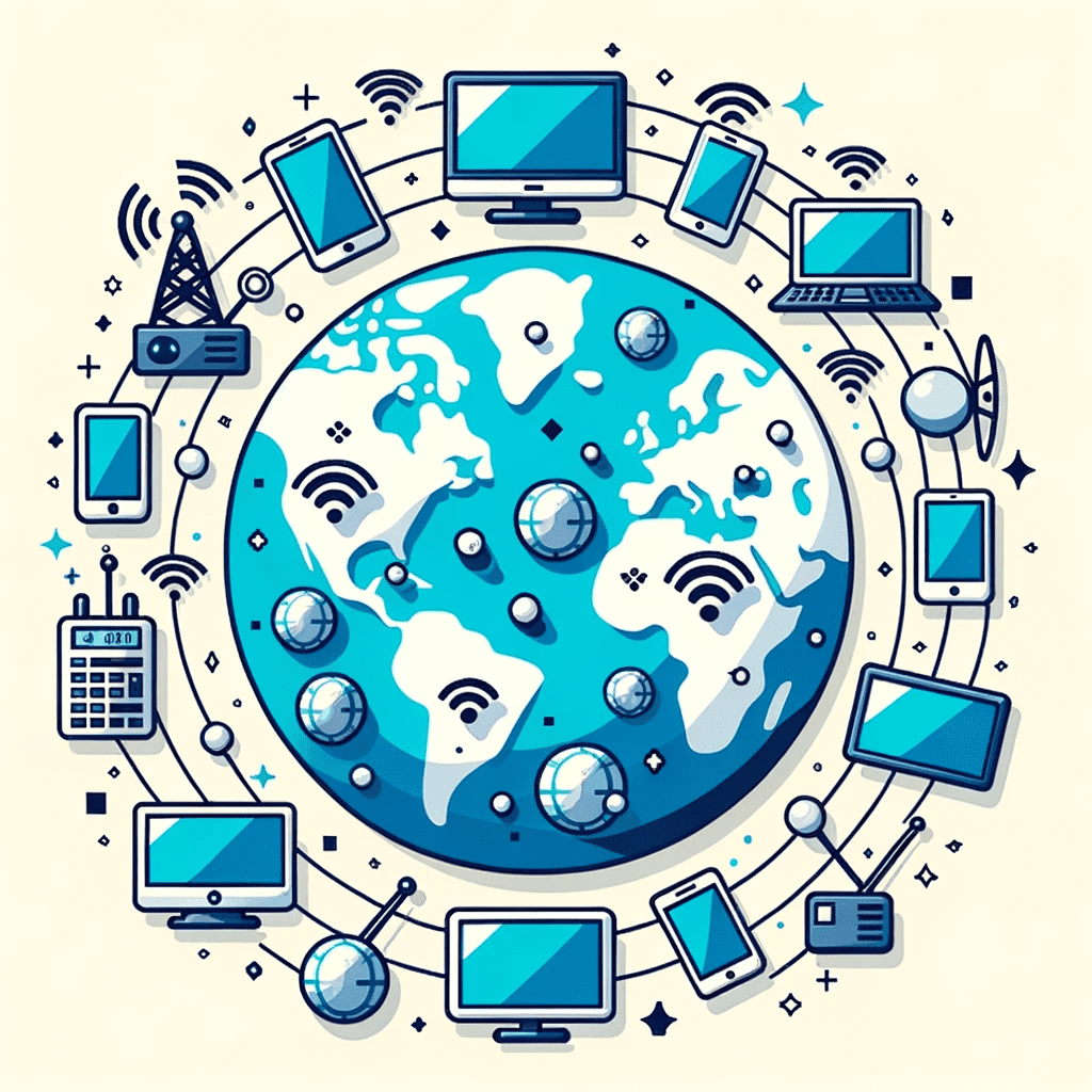 Globe terrestre avec des icônes de différents appareils électroniques 
(télévision, ordinateur portable, smartphone) connectés à internet.