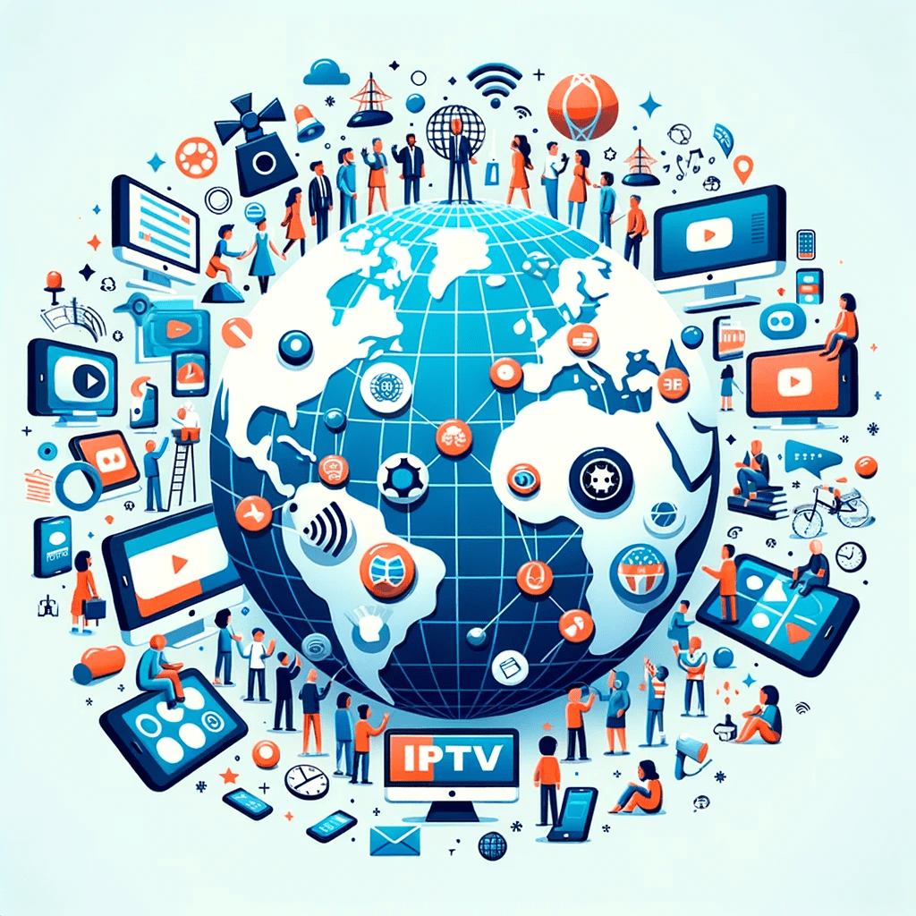 Globe terrestre avec des icônes de différents genres de programmes (films, sports, séries).