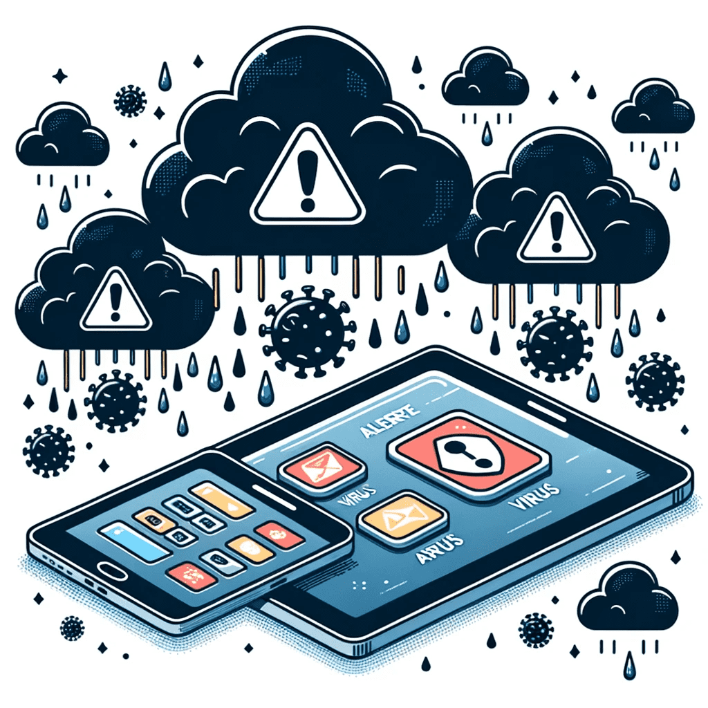 Tablette et smartphone affichant des signaux d'alerte avec des icônes de virus.