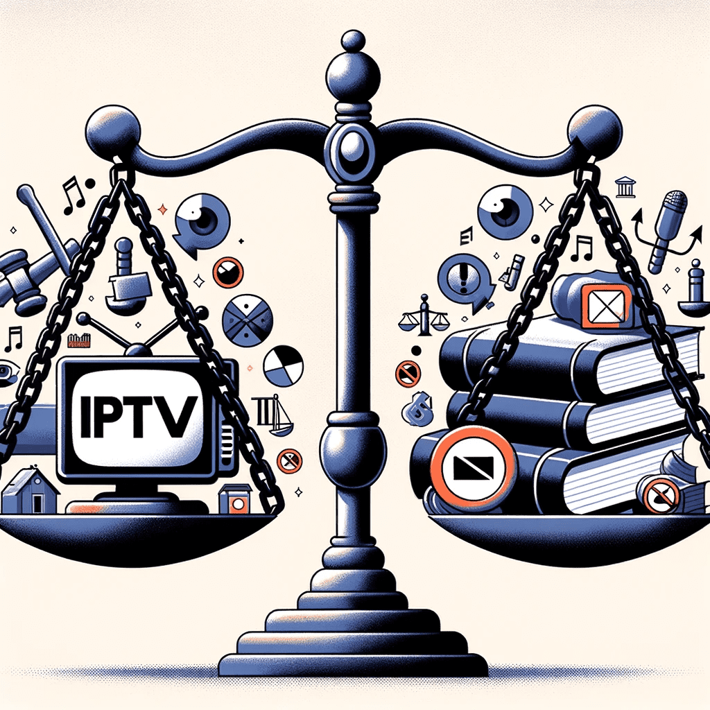 Balance de justice où, d'un côté, se trouve une icône de 
télévision avec le symbole IPTV et de l'autre, des livres représentant la loi.