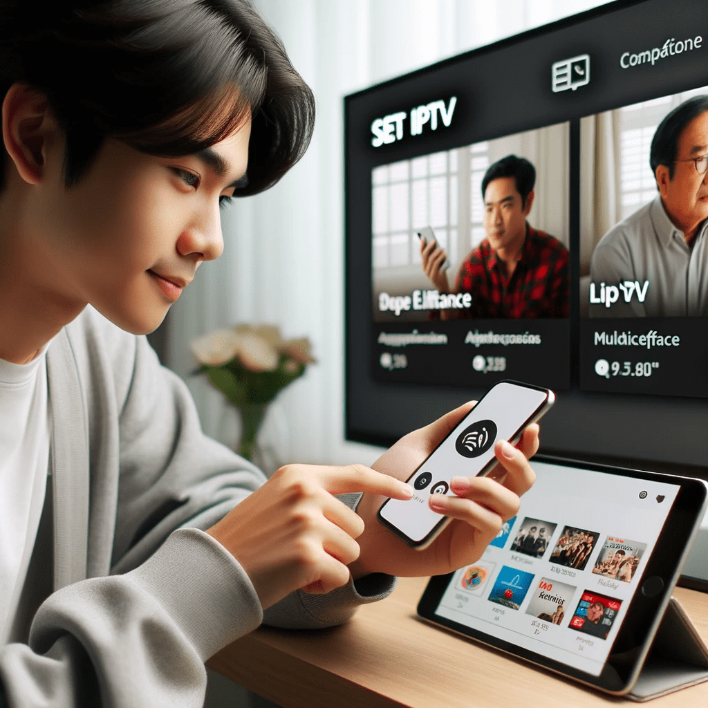 un jeune homme d'origine asiatique utilisant une application mobile sur son smartphone, naviguant sur l'interface SET IPTV