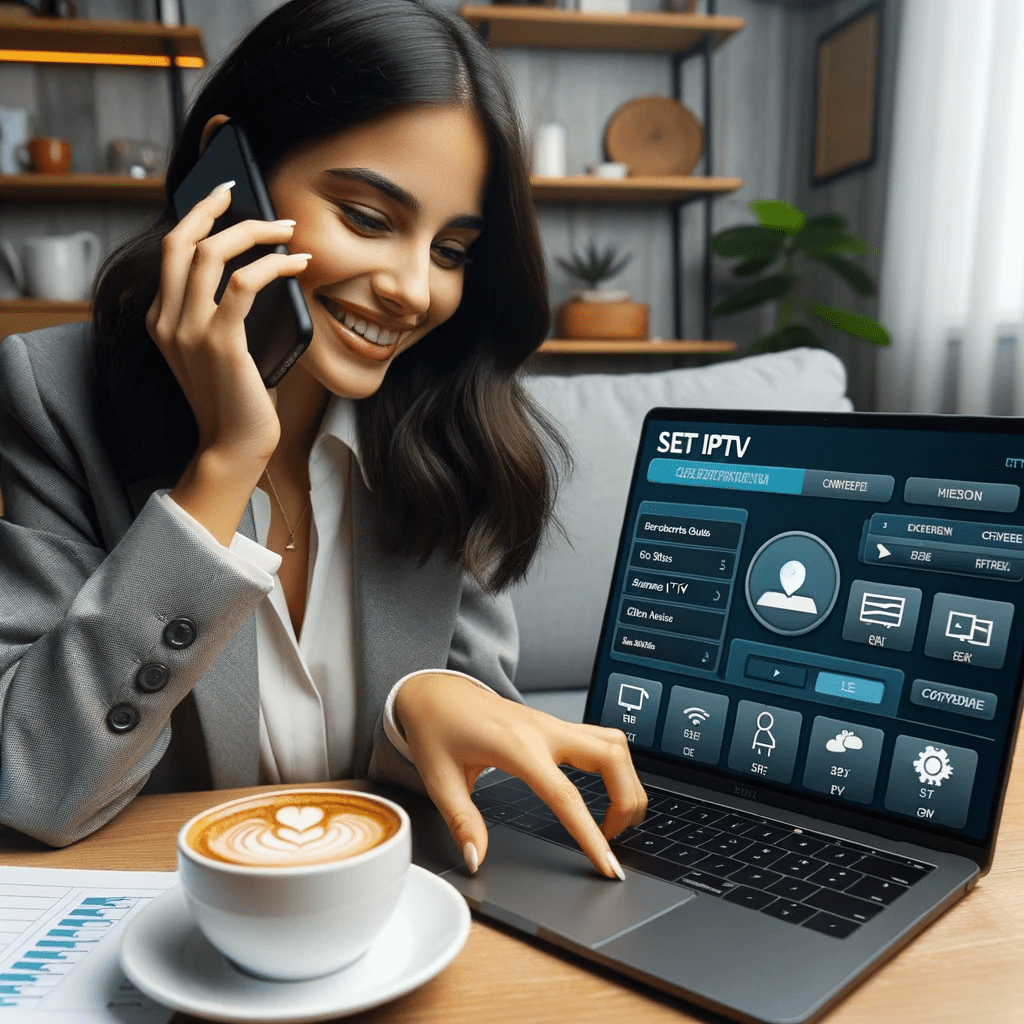 une femme parlant au téléphone tout en naviguant sur l'interface de 'SET IPTV' de son ordinateur portable.