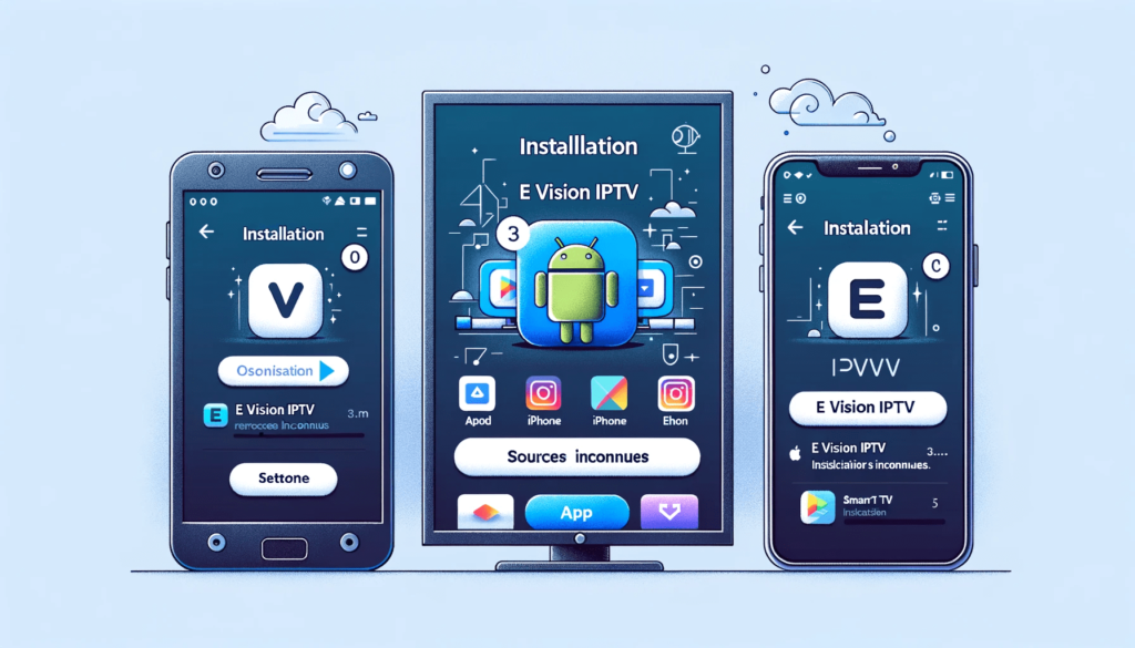 Illustration détaillée de trois écrans d'appareils différents montrant le processus d'installation de l'application e vision iptv