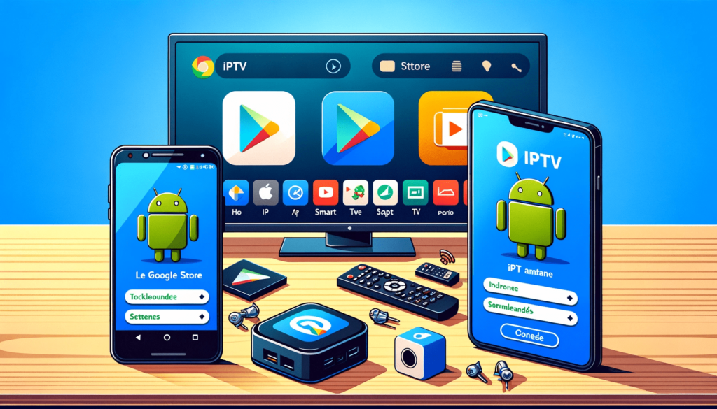 espace de travail avec divers appareils sur une table : un smartphone Android affichant le Google Play Store avec IPTV Smarters Pro