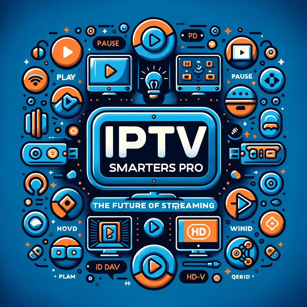 Graphique avec logo IPTV Smarters Pro entouré d'icônes