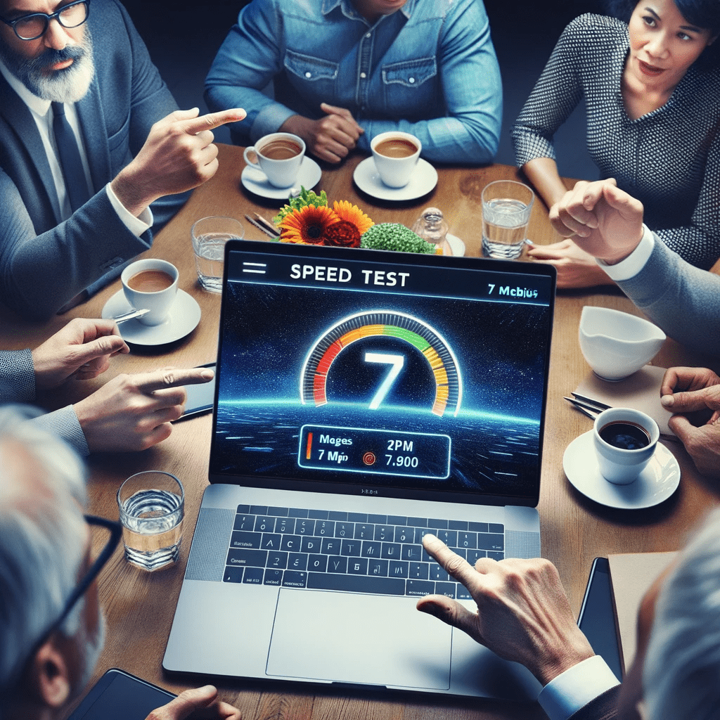 groupe de personnes discutant autour d’une table avec un ordinateur portable. L'écran de l'ordinateur portable affiche un résultat de test de vitesse
internet indiquant sept mégabits.