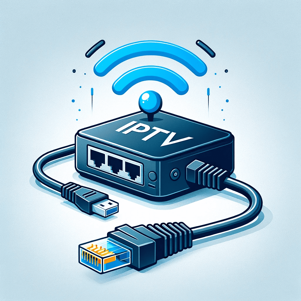 Illustration d'un boîtier IPTV connecté via un câble Ethernet.