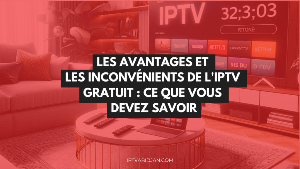 Salon moderne avec un canapé, des coussins, une table basse ronde et un téléviseur mural affichant le logo "IPTV"