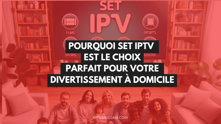 une famille dans un salon avec une télé affichant le logo set iptv